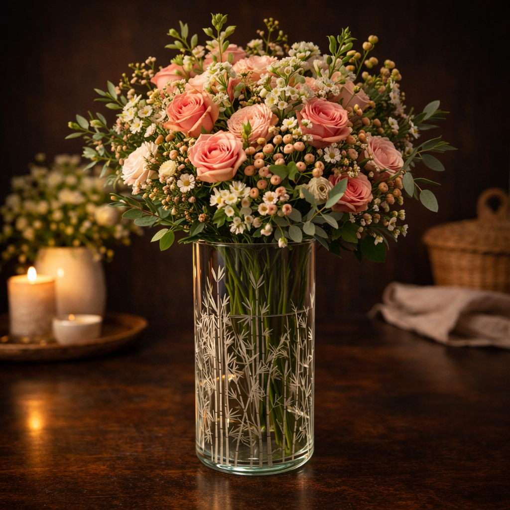 Engraved Glass Vase – Bamboo Design