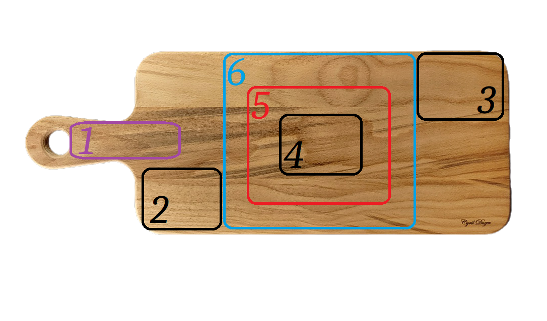 Plan agrandi des six zones de gravure pour Spalted Beech Cutting Board