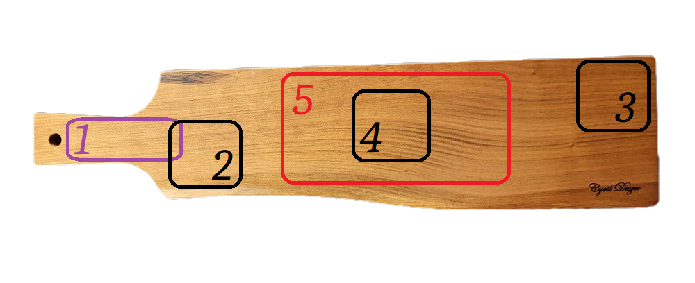 Plan agrandi des six zones de gravure pour Beech Presentation Tray