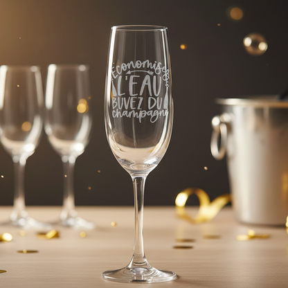 Flûte gravée – Économisez l’eau, buvez du champagne
