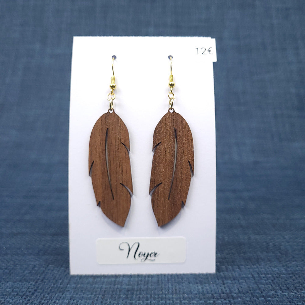 Boucles d’Oreilles Plumes en Noyer