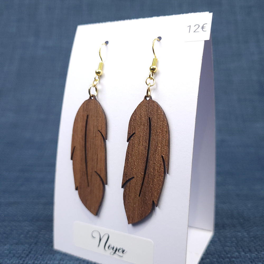 Boucles d’Oreilles Plumes en Noyer