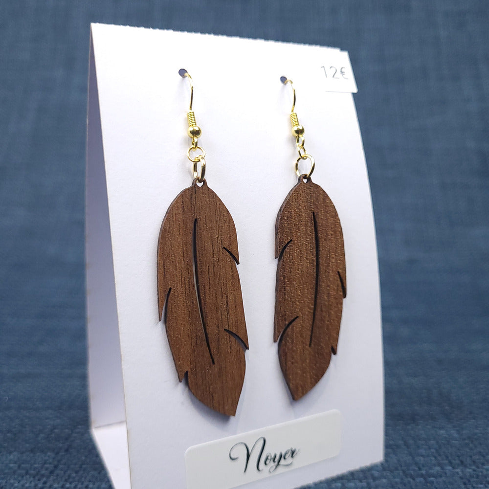 Boucles d’Oreilles Plumes en Noyer