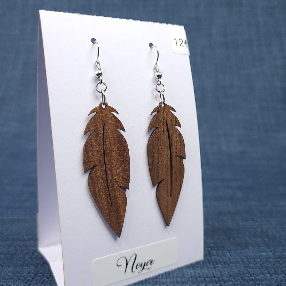 Boucles d’Oreilles Plumes en Noyer