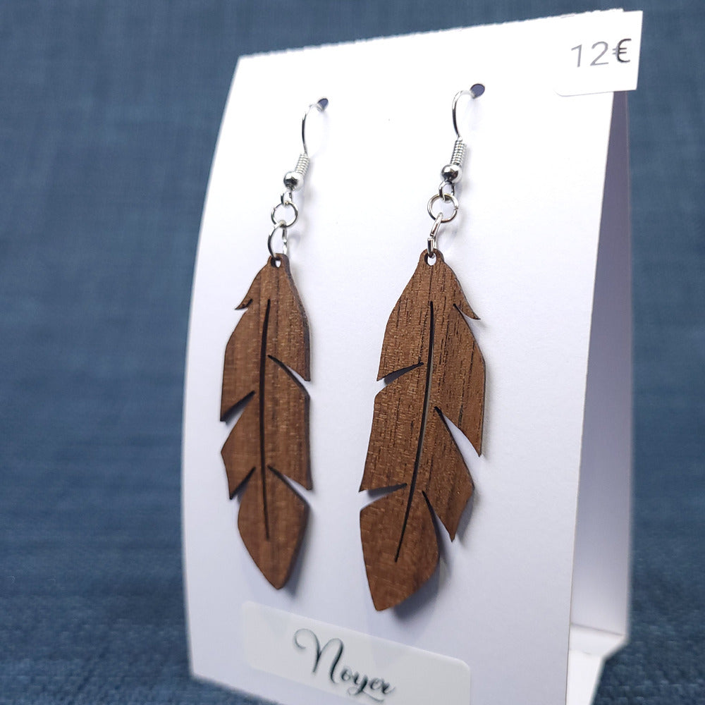Boucles d’Oreilles Plumes en Noyer