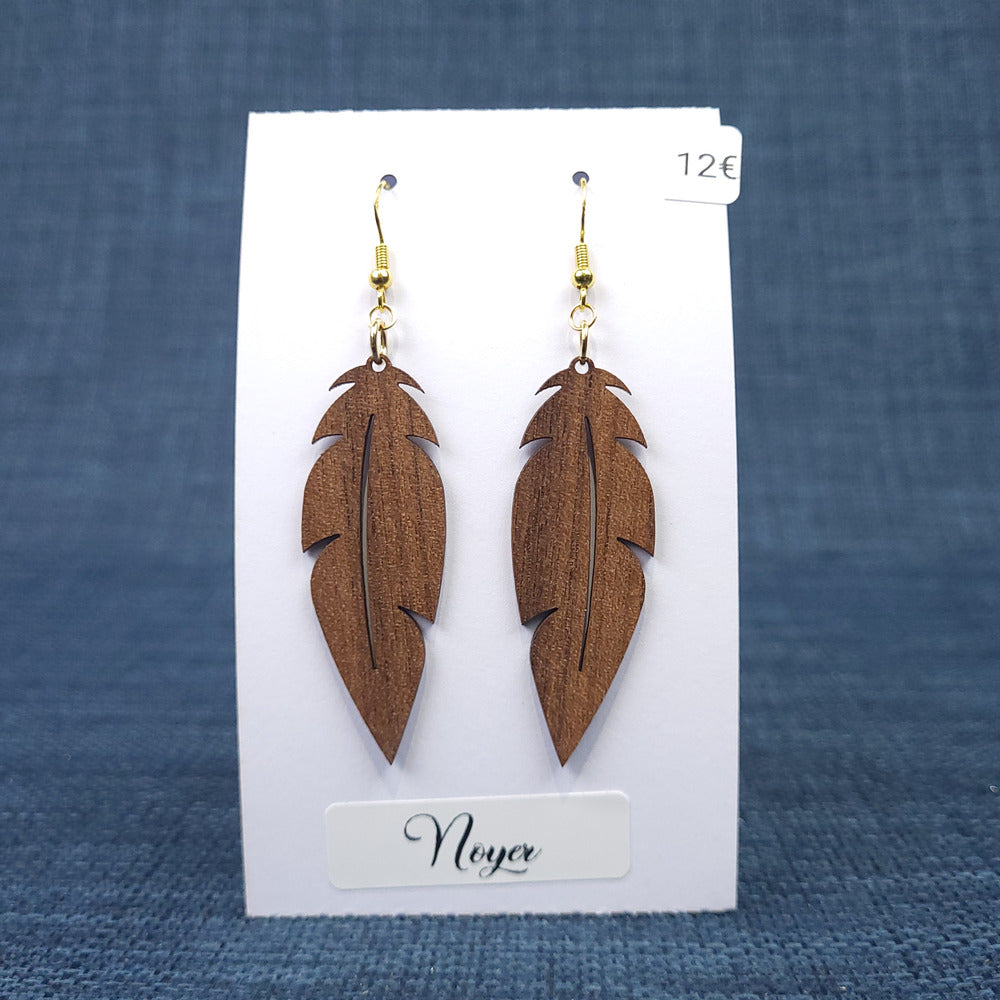 Boucles d’Oreilles Plumes en Noyer