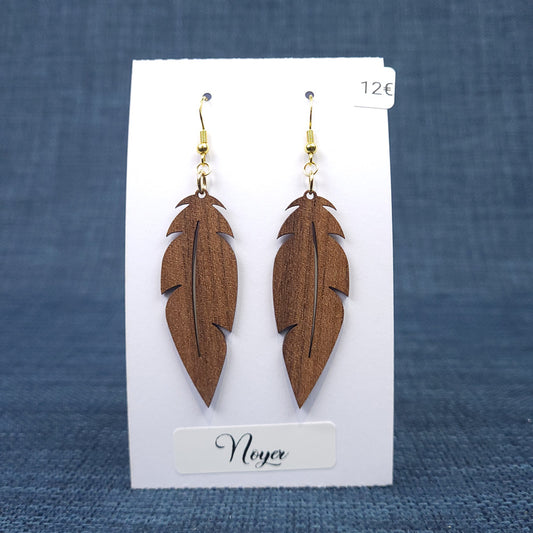 Boucles d’Oreilles Plumes en Noyer