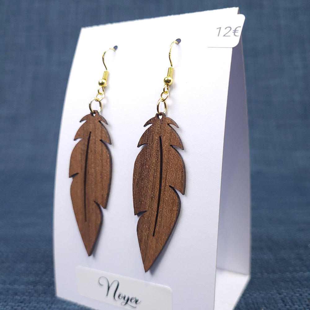 Boucles d’Oreilles Plumes en Noyer