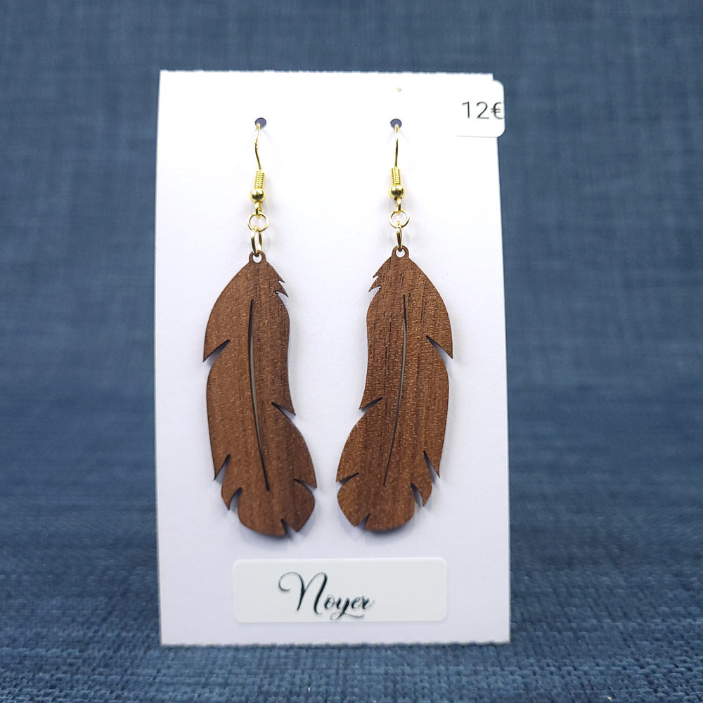 Boucles d’Oreilles Plumes en Noyer