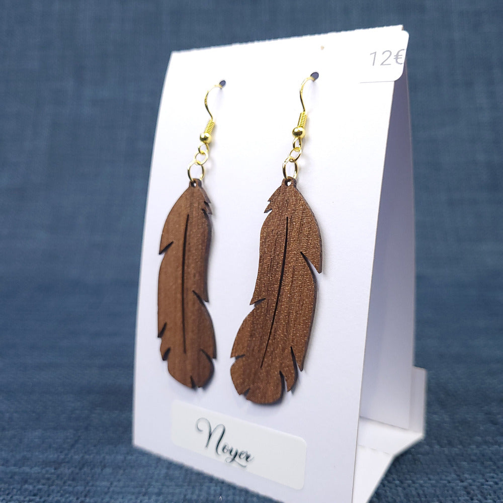 Boucles d’Oreilles Plumes en Noyer