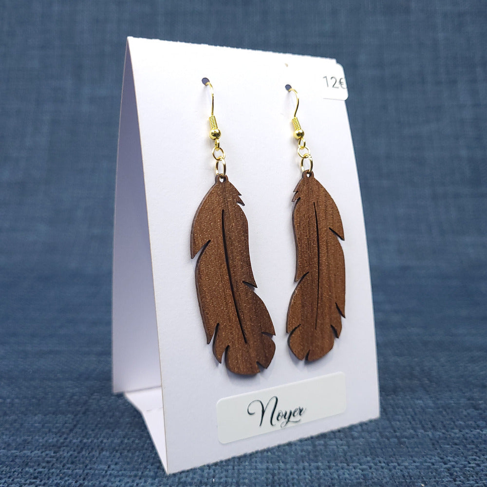 Boucles d’Oreilles Plumes en Noyer