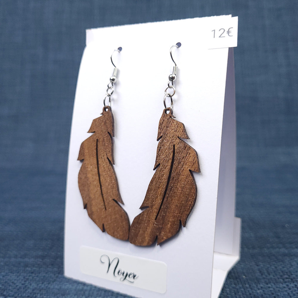 Boucles d’Oreilles Plumes en Noyer