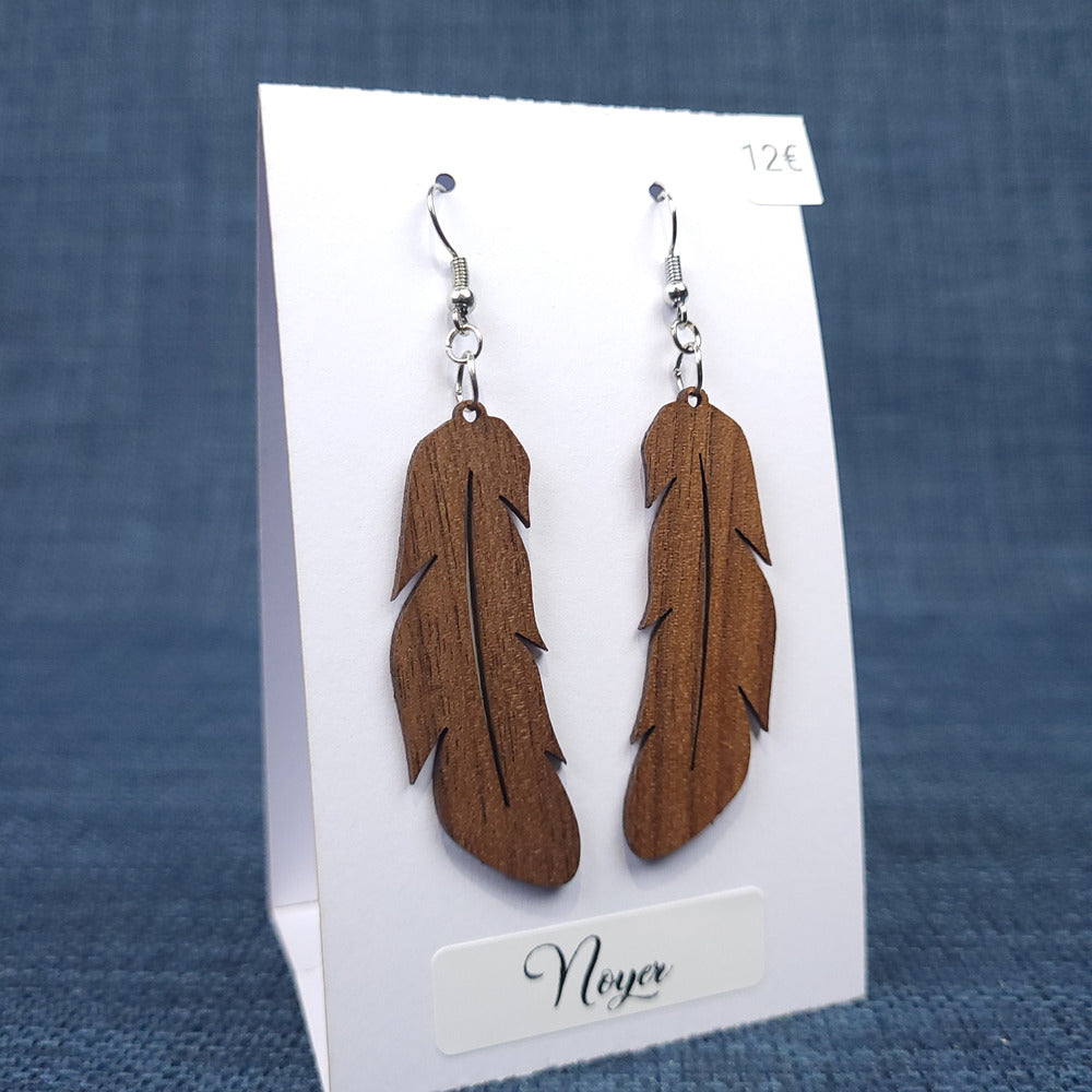 Boucles d’Oreilles Plumes en Noyer