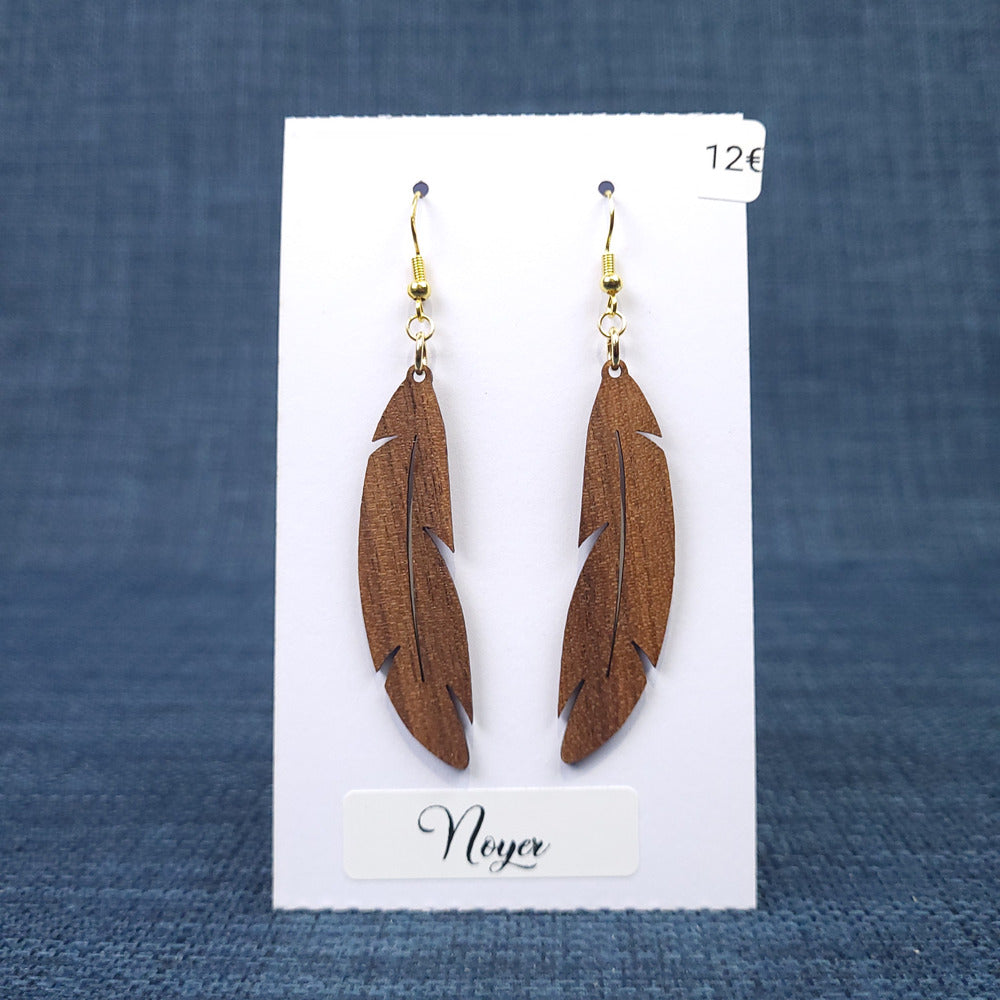 Boucles d’Oreilles Plumes en Noyer