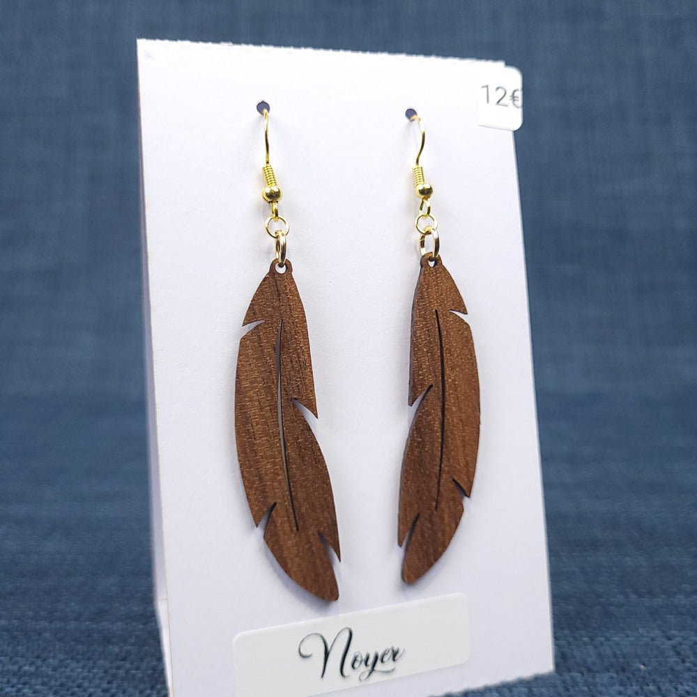 Boucles d’Oreilles Plumes en Noyer