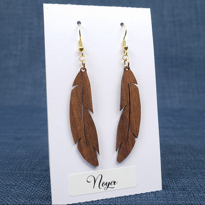 Boucles d’Oreilles Plumes en Noyer