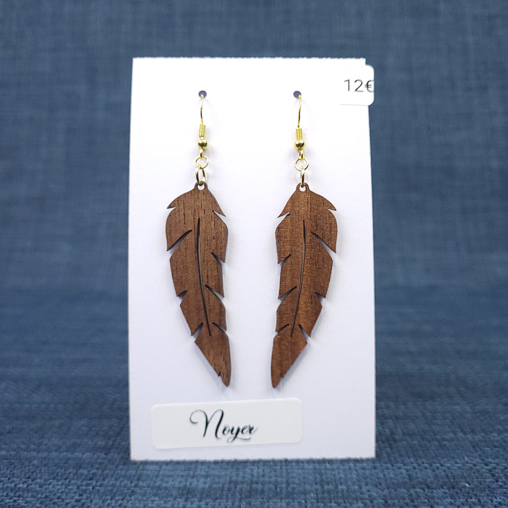 Boucles d’Oreilles Plumes en Noyer