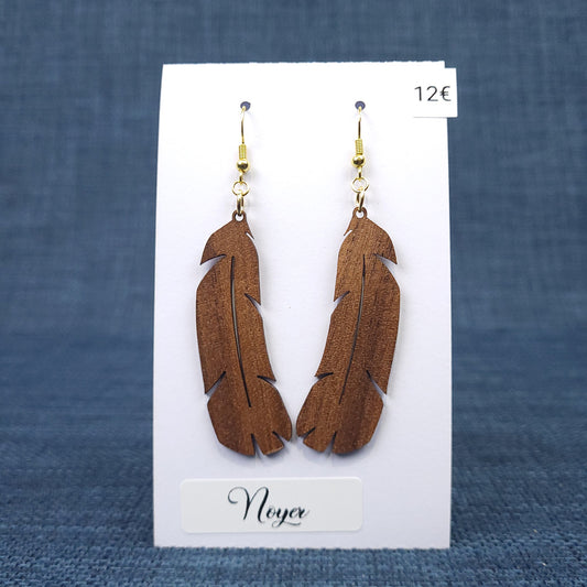 Boucles d’Oreilles Plumes en Noyer