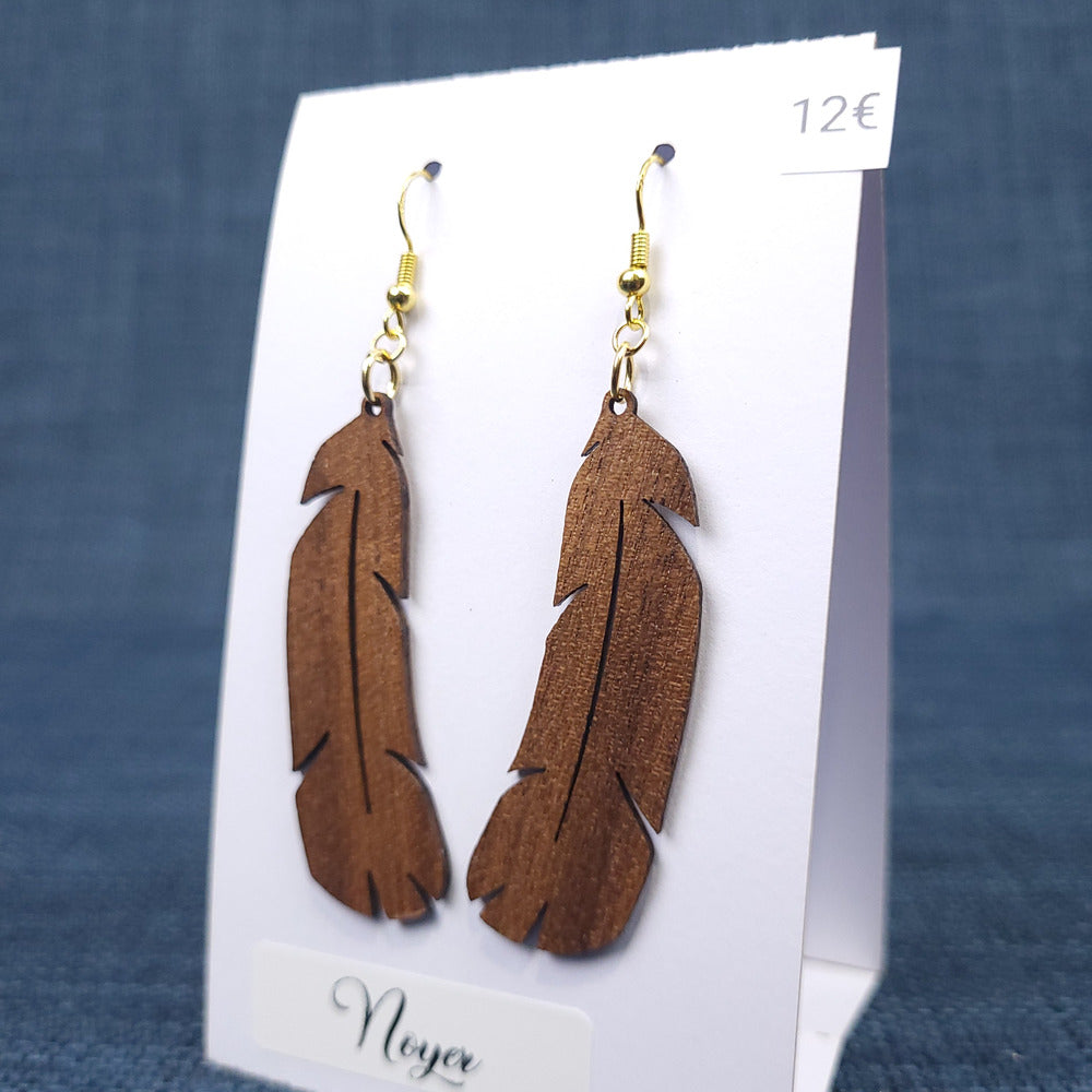 Boucles d’Oreilles Plumes en Noyer