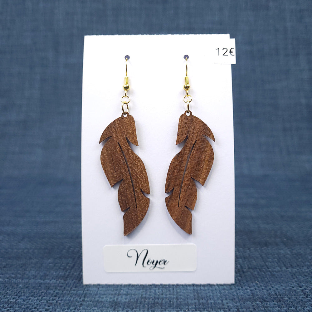 Boucles d’Oreilles Plumes en Noyer