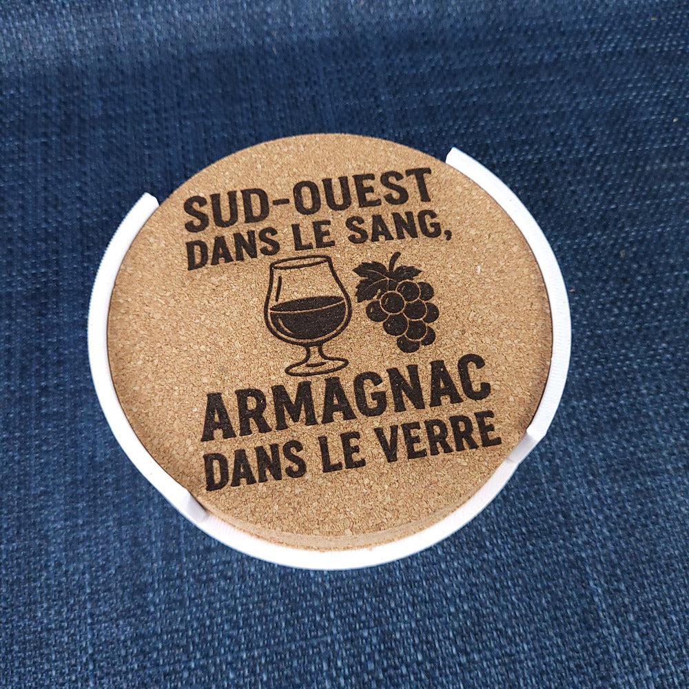 Lot de 6 sous-verres en liège – Sud-Ouest dans le sang, Armagnac dans le verre