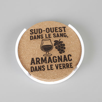 Lot de 6 sous-verres en liège – Sud-Ouest dans le sang, Armagnac dans le verre