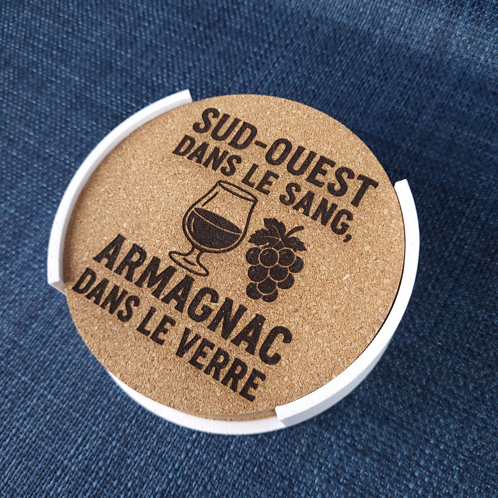 Lot de 6 sous-verres en liège – Sud-Ouest dans le sang, Armagnac dans le verre