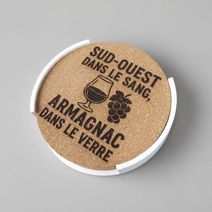 Lot de 6 sous-verres en liège – Sud-Ouest dans le sang, Armagnac dans le verre