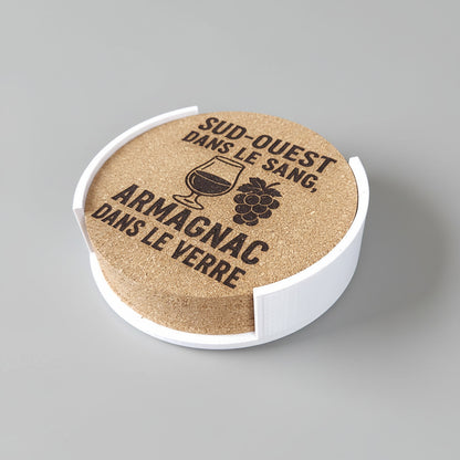 Lot de 6 sous-verres en liège – Sud-Ouest dans le sang, Armagnac dans le verre