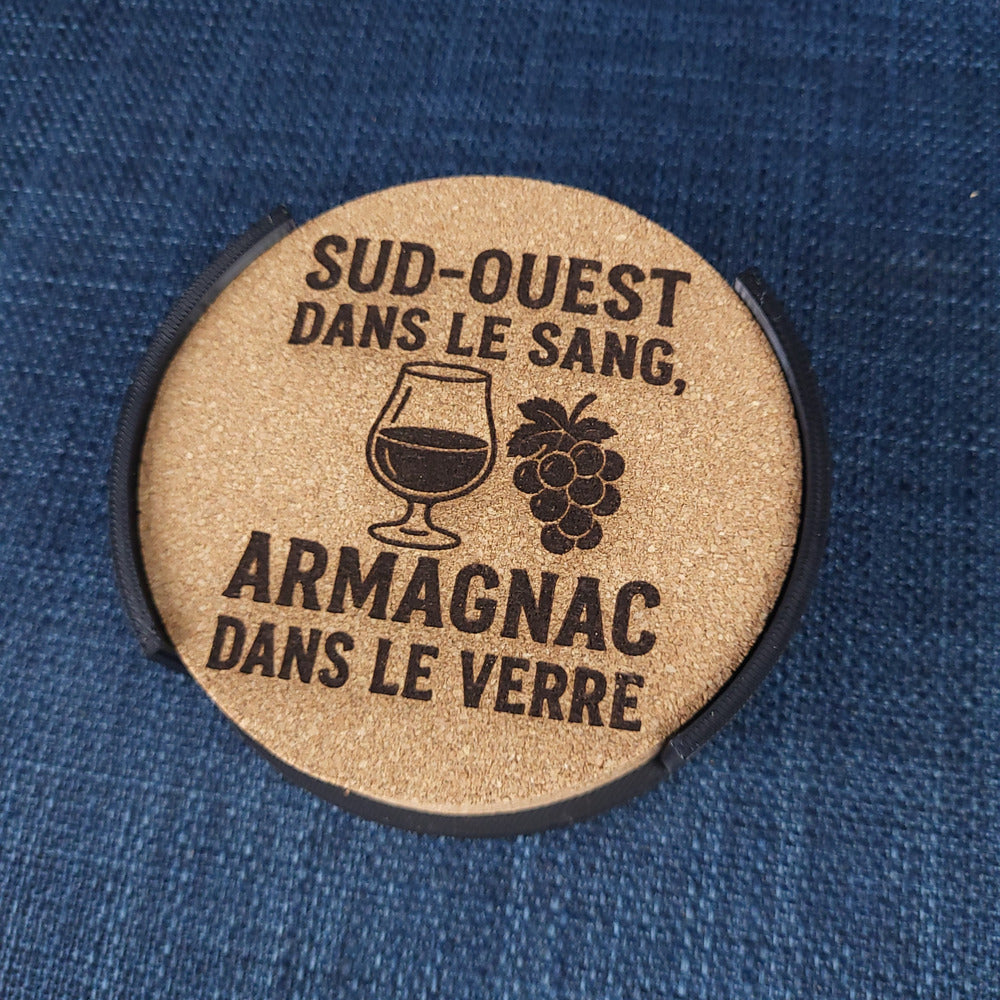 Lot de 6 sous-verres en liège – Sud-Ouest dans le sang, Armagnac dans le verre