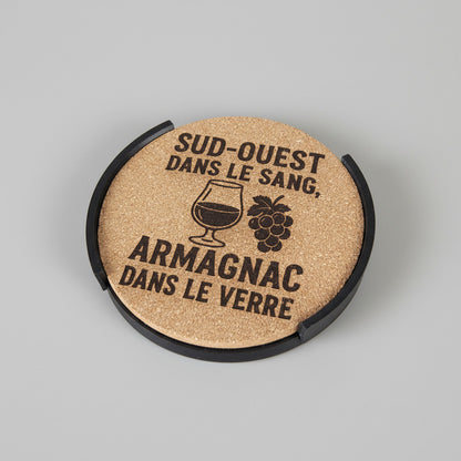 Lot de 6 sous-verres en liège – Sud-Ouest dans le sang, Armagnac dans le verre