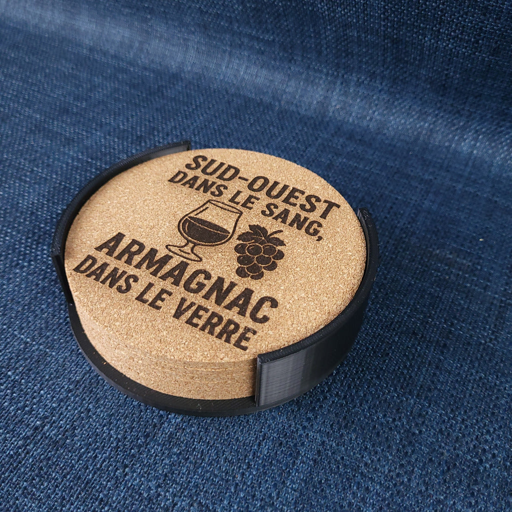 Lot de 6 sous-verres en liège – Sud-Ouest dans le sang, Armagnac dans le verre