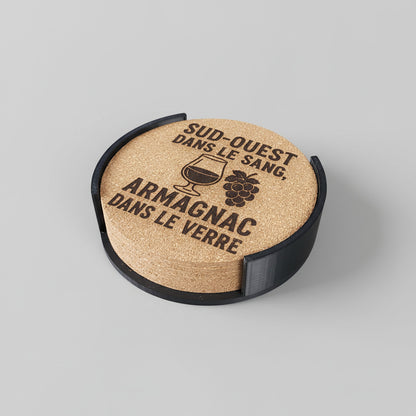 Lot de 6 sous-verres en liège – Sud-Ouest dans le sang, Armagnac dans le verre