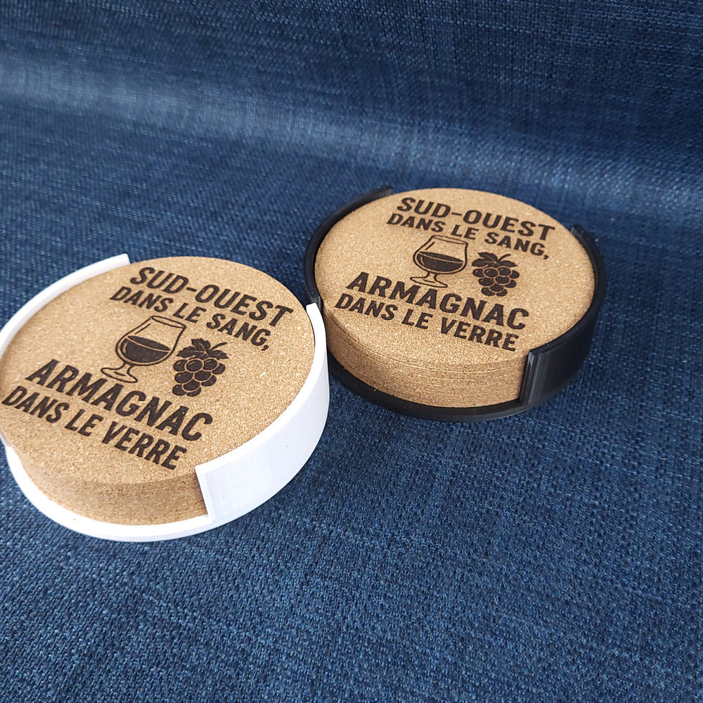 Lot de 6 sous-verres en liège – Sud-Ouest dans le sang, Armagnac dans le verre