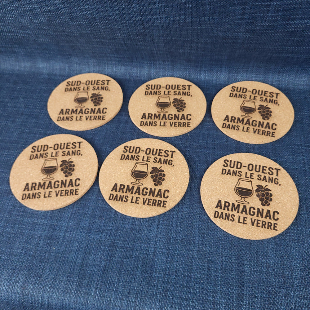 Lot de 6 sous-verres en liège – Sud-Ouest dans le sang, Armagnac dans le verre