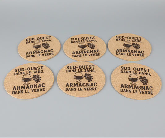 Lot de 6 sous-verres en liège – Sud-Ouest dans le sang, Armagnac dans le verre