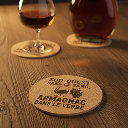 Lot de 6 sous-verres en liège – Sud-Ouest dans le sang, Armagnac dans le verre