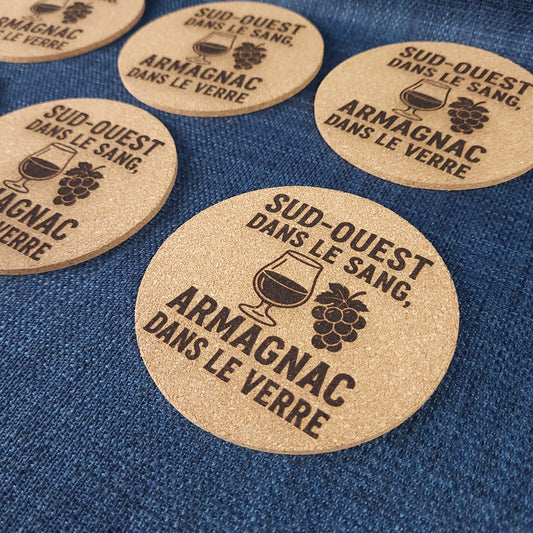 Lot de 6 sous-verres en liège – Sud-Ouest dans le sang, Armagnac dans le verre
