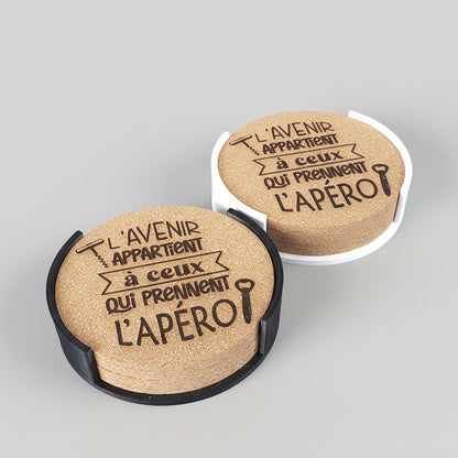 Lot de 6 sous-verres en liège – L’avenir appartient à ceux qui prennent l’apéro