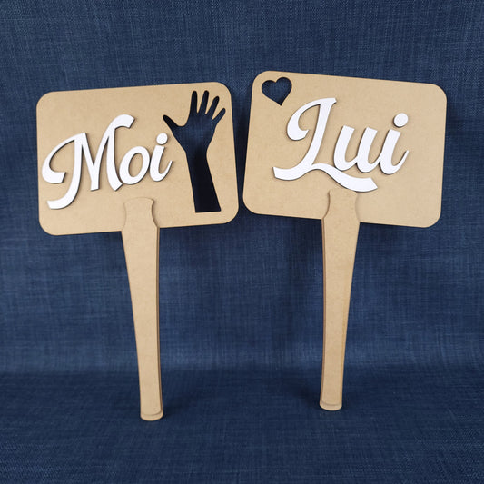 Pancartes de jeu mariage – Lot de 4 (Moi / Lui / Elle)