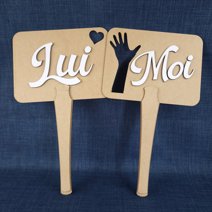 Pancartes de jeu mariage – Lot de 2 (Moi / Lui / Elle)