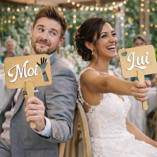 Pancartes de jeu mariage – Lot de 2 (Moi / Lui / Elle)