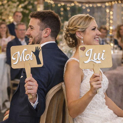 Pancartes de jeu mariage – Lot de 2 (Moi / Lui / Elle)