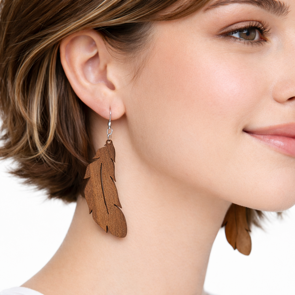 Boucles d’Oreilles Plumes en Noyer