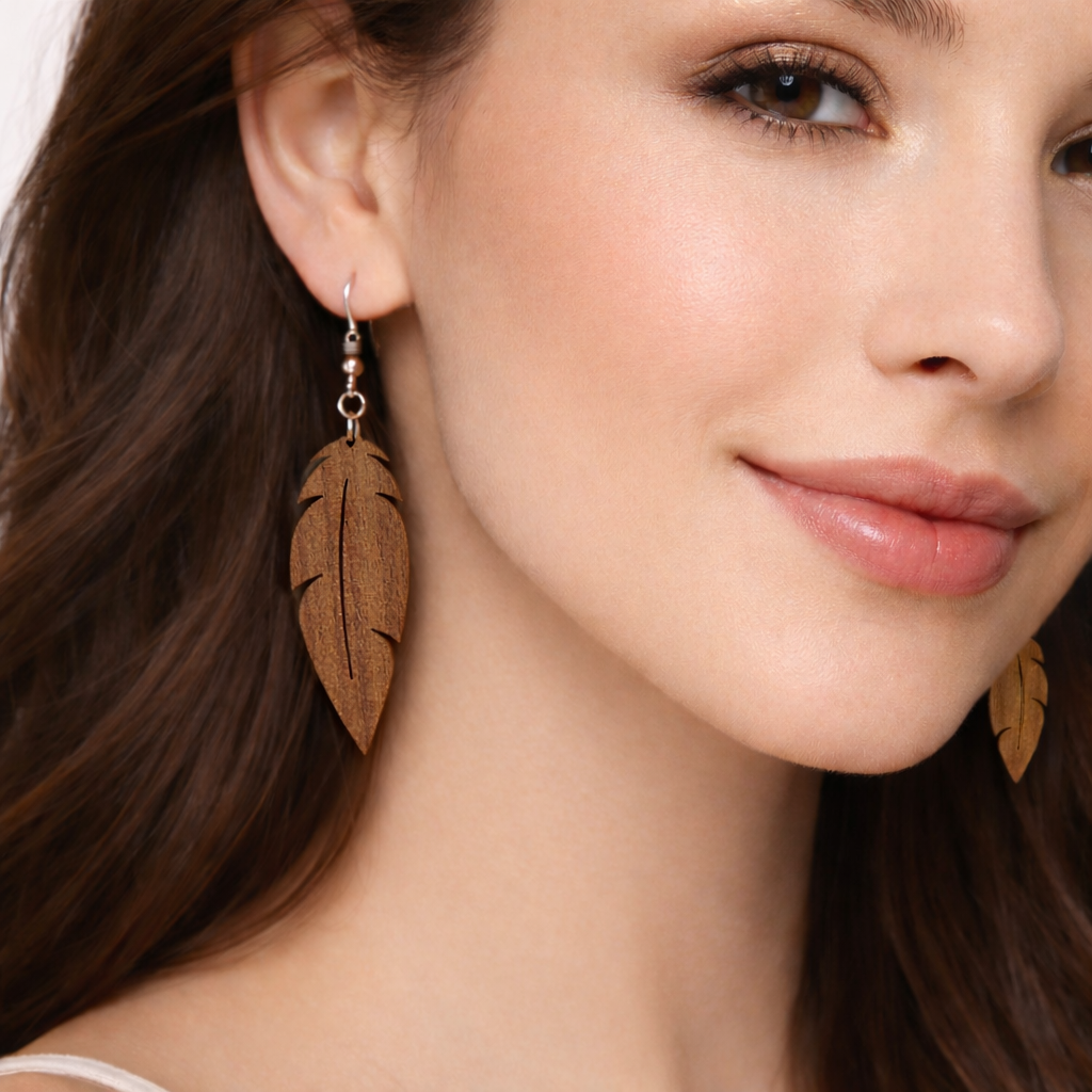 Boucles d’Oreilles Plumes en Noyer