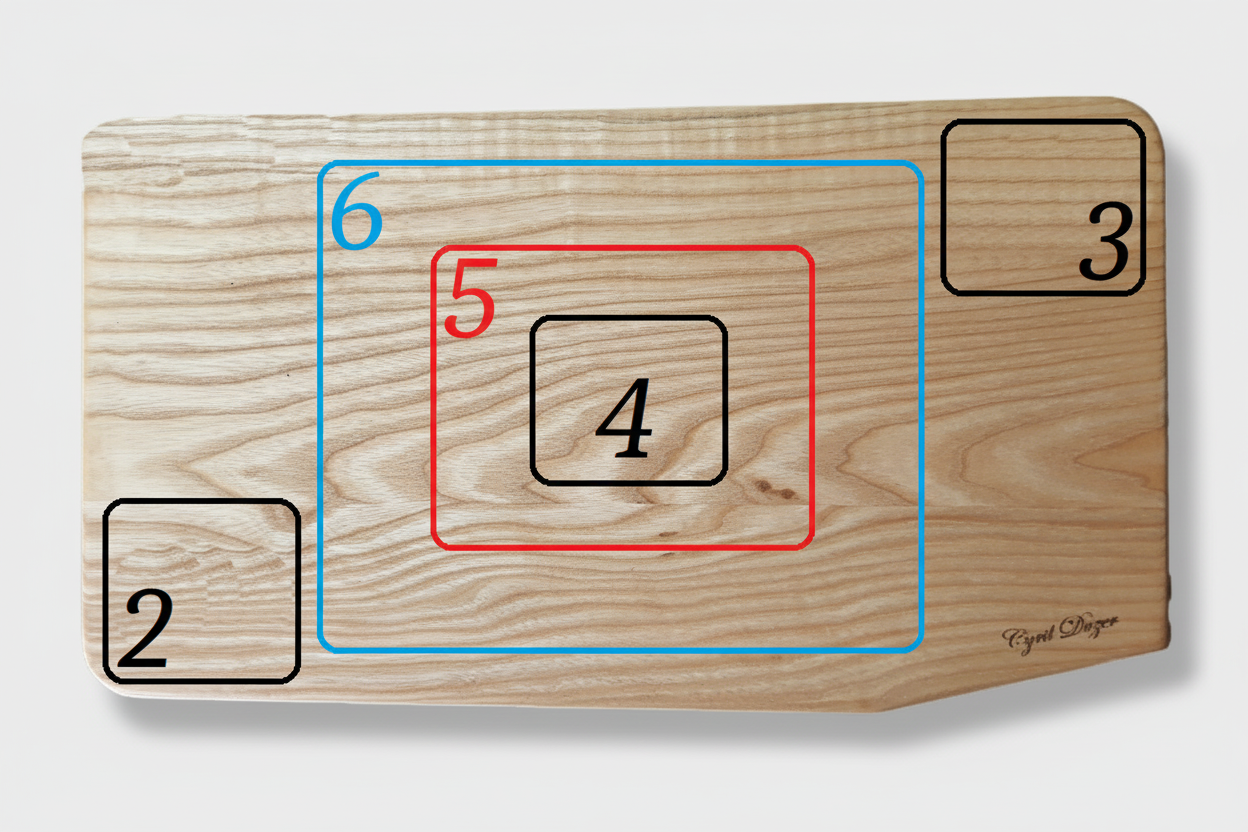 Plan agrandi des six zones de gravure pour Ash serving platter